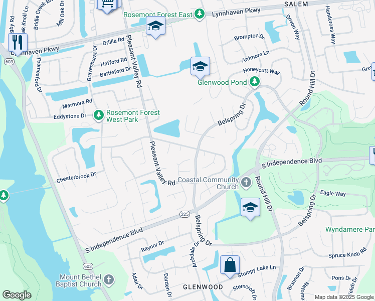 map of restaurants, bars, coffee shops, grocery stores, and more near 1209 Northvale Drive in Virginia Beach