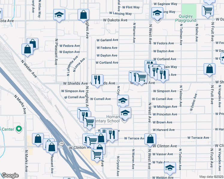 map of restaurants, bars, coffee shops, grocery stores, and more near 1734 West Simpson Avenue in Fresno