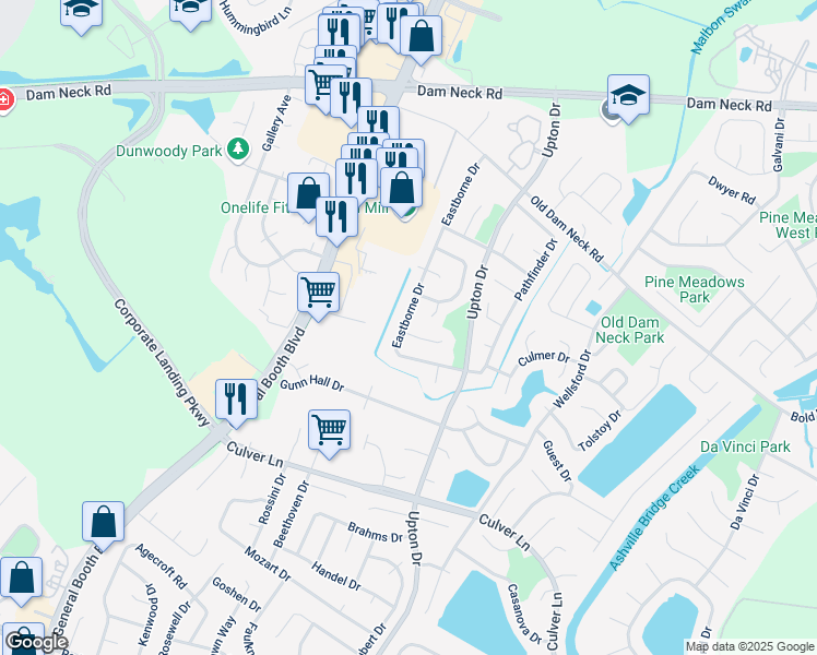 map of restaurants, bars, coffee shops, grocery stores, and more near 1200 Madras Court in Virginia Beach