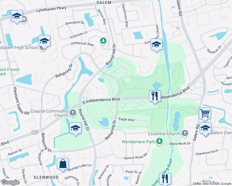 map of restaurants, bars, coffee shops, grocery stores, and more near 979 Belspring Drive in Virginia Beach