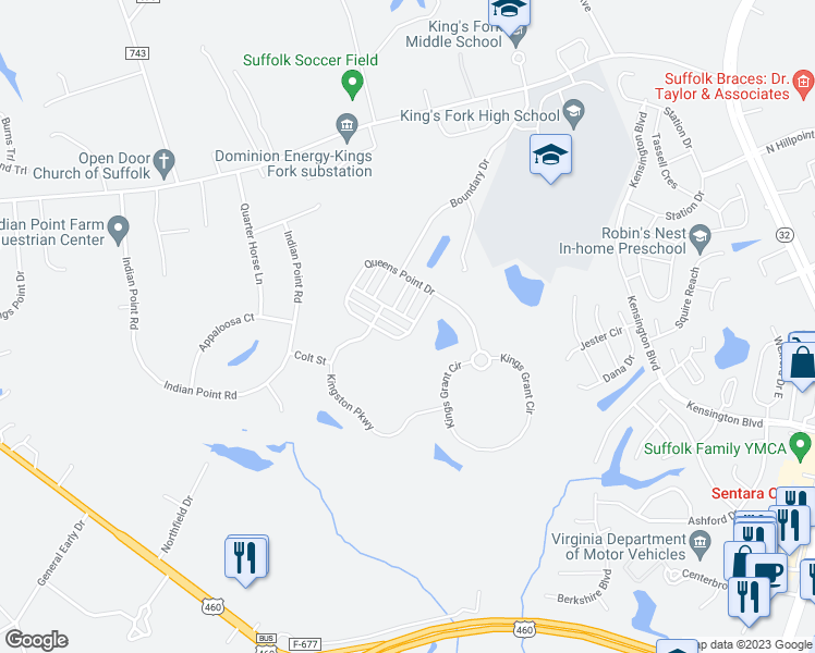 map of restaurants, bars, coffee shops, grocery stores, and more near 3236 Duke of Glouchester Drive in Suffolk