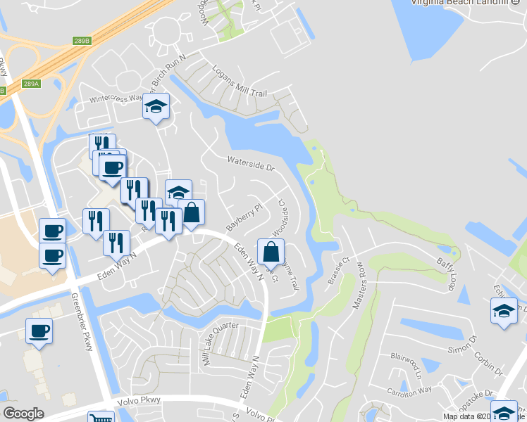 map of restaurants, bars, coffee shops, grocery stores, and more near 1445 Bayberry Court South in Chesapeake