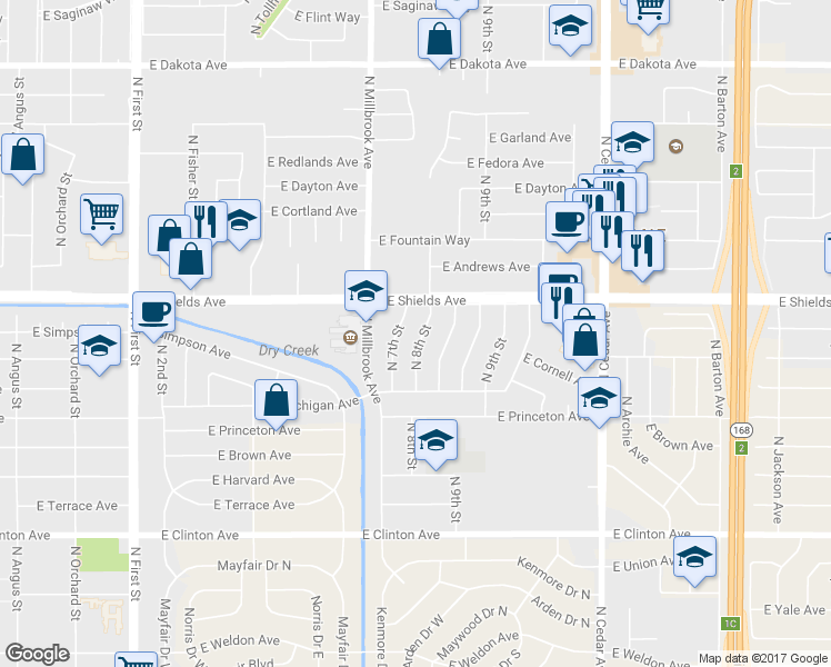 map of restaurants, bars, coffee shops, grocery stores, and more near 3055 North 8th Street in Fresno