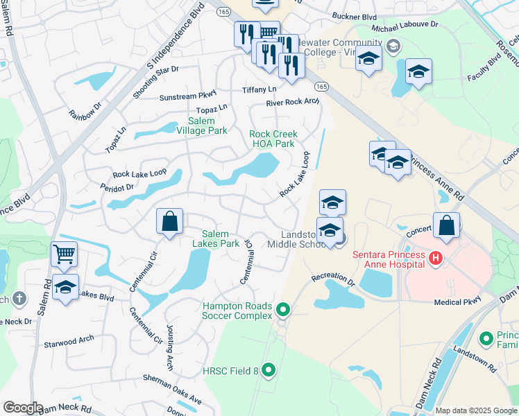map of restaurants, bars, coffee shops, grocery stores, and more near 2177 Rock Lake Loop in Virginia Beach