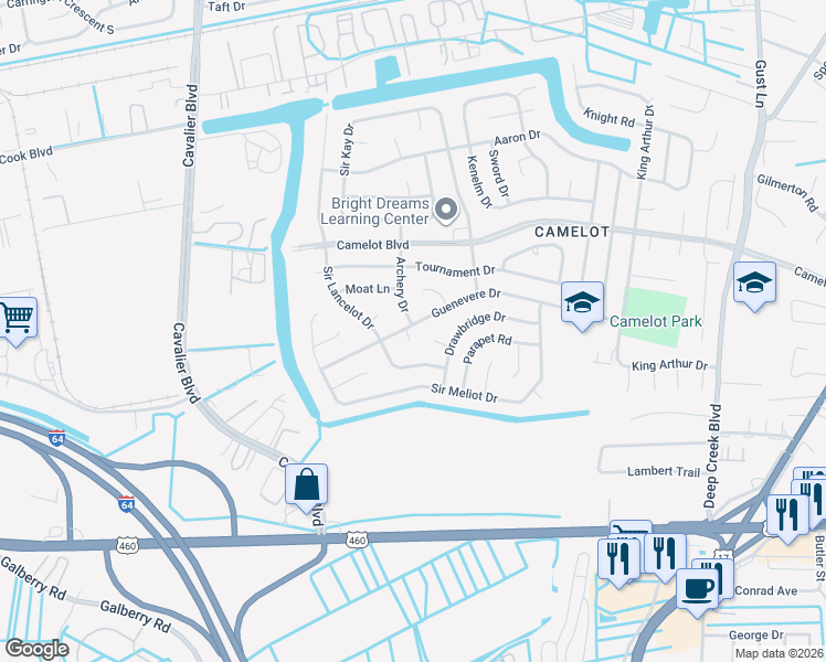 map of restaurants, bars, coffee shops, grocery stores, and more near 3205 Guenevere Drive in Chesapeake
