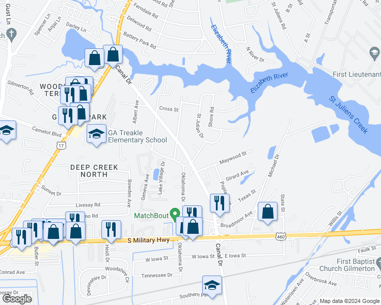 map of restaurants, bars, coffee shops, grocery stores, and more near 1015 Canal Drive in Chesapeake