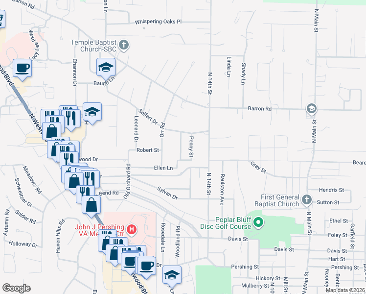 map of restaurants, bars, coffee shops, grocery stores, and more near 2212 Trousdale Street in Poplar Bluff