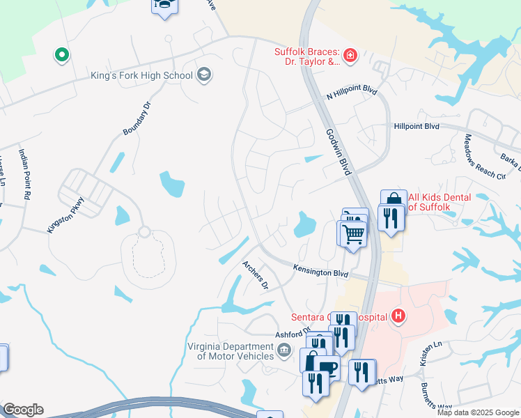 map of restaurants, bars, coffee shops, grocery stores, and more near 506 Catapult Court in Suffolk