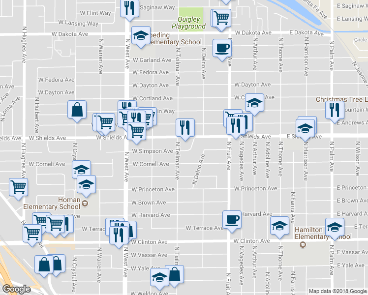 map of restaurants, bars, coffee shops, grocery stores, and more near 832 West Simpson Avenue in Fresno