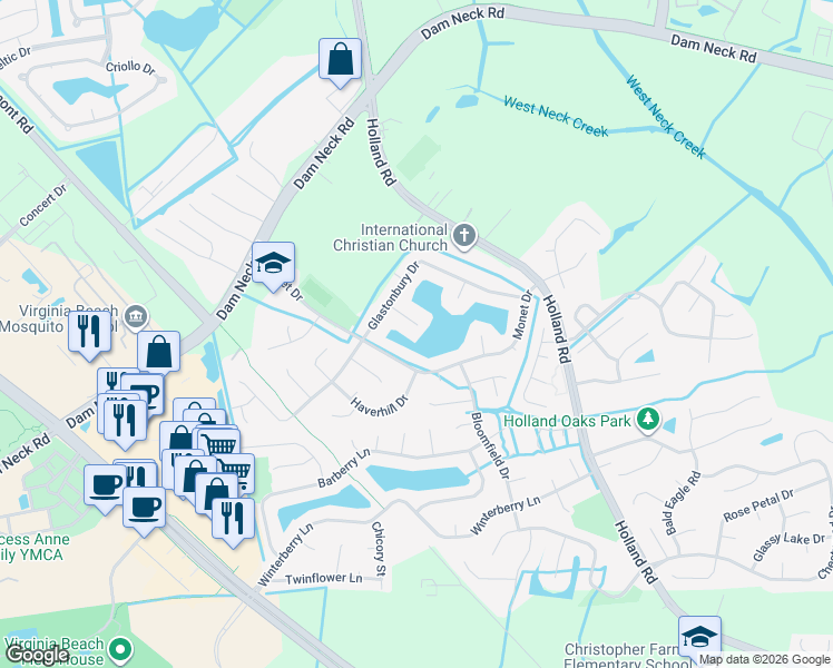 map of restaurants, bars, coffee shops, grocery stores, and more near 3001 Glastonbury Circle in Virginia Beach