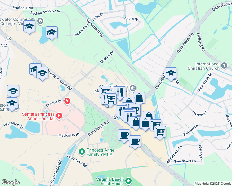 map of restaurants, bars, coffee shops, grocery stores, and more near 3465 Landstown Court in Virginia Beach