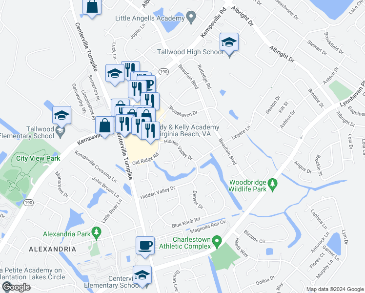 map of restaurants, bars, coffee shops, grocery stores, and more near 1824 Hidden Valley Drive in Virginia Beach