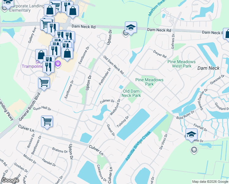 map of restaurants, bars, coffee shops, grocery stores, and more near 1700 Cacapon Court in Virginia Beach
