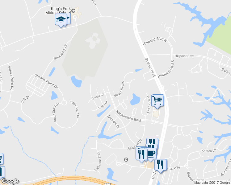 map of restaurants, bars, coffee shops, grocery stores, and more near 506 Catapult Court in Suffolk