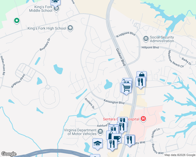 map of restaurants, bars, coffee shops, grocery stores, and more near 176 Squire Reach in Suffolk