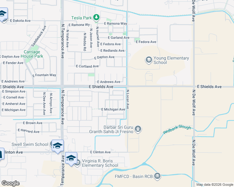 map of restaurants, bars, coffee shops, grocery stores, and more near 7438 East Cornell Avenue in Fresno