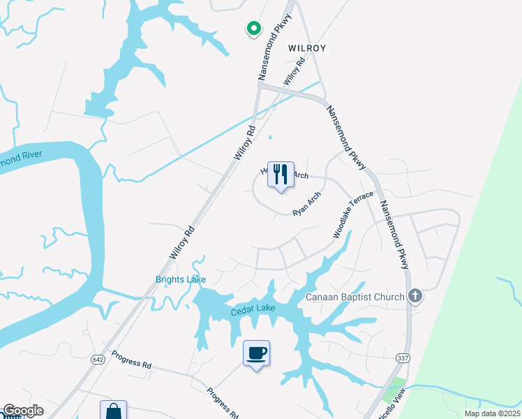 map of restaurants, bars, coffee shops, grocery stores, and more near 244 Holbrook Arch in Suffolk