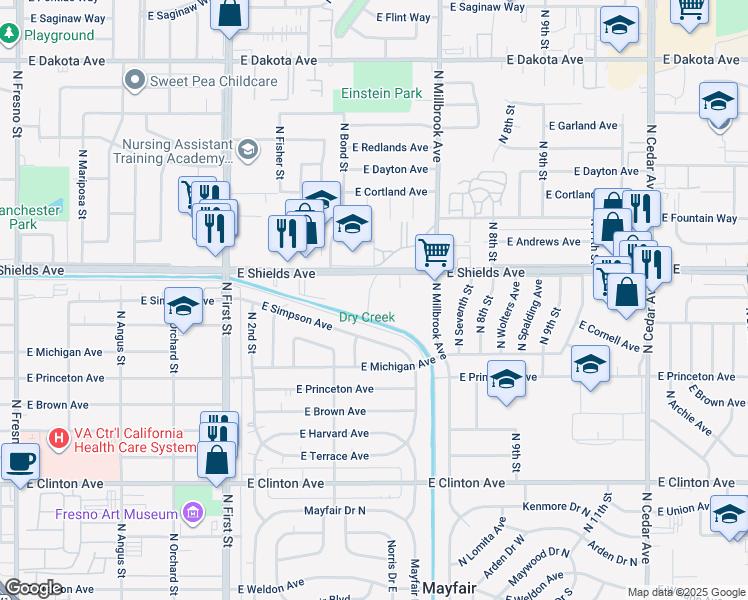 map of restaurants, bars, coffee shops, grocery stores, and more near 3510 East Shields Avenue in Fresno