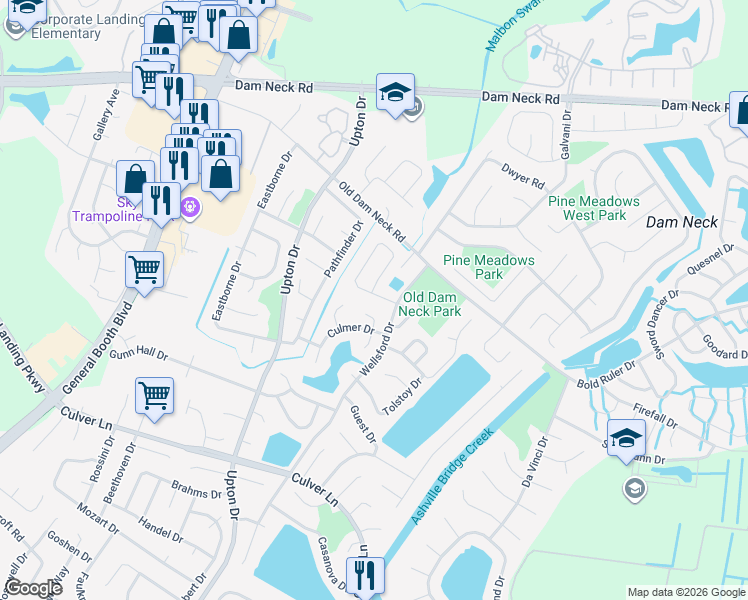 map of restaurants, bars, coffee shops, grocery stores, and more near 1700 Cacapon Court in Virginia Beach