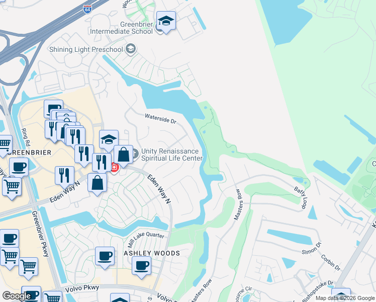 map of restaurants, bars, coffee shops, grocery stores, and more near 1448 Woodside Court in Chesapeake