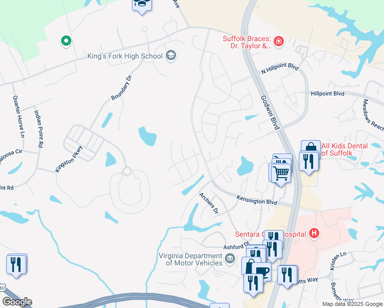 map of restaurants, bars, coffee shops, grocery stores, and more near 201 Friar Court in Suffolk