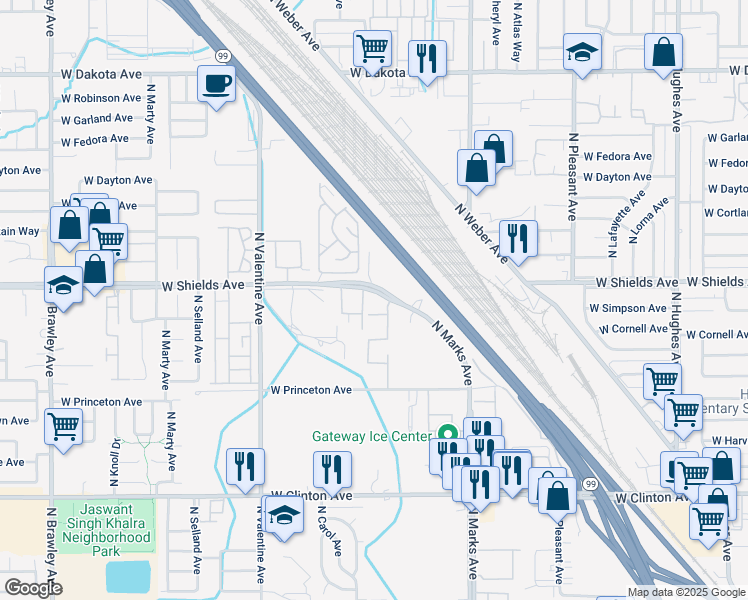 map of restaurants, bars, coffee shops, grocery stores, and more near 3165 West Shields Avenue in Fresno