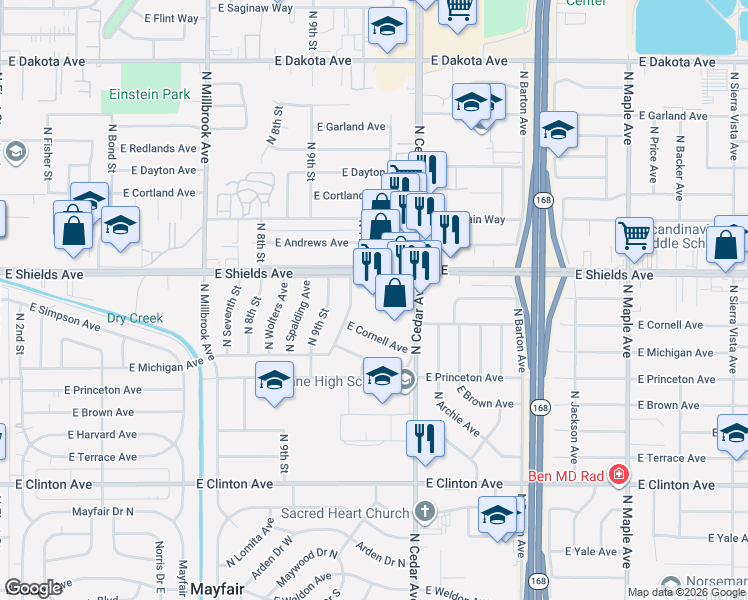 map of restaurants, bars, coffee shops, grocery stores, and more near 3131 North Cedar Avenue in Fresno