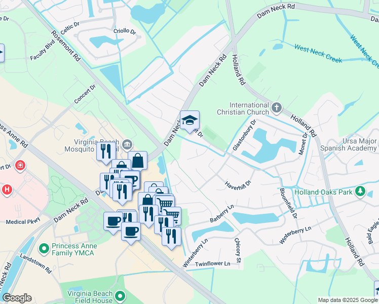 map of restaurants, bars, coffee shops, grocery stores, and more near 1829 Monet Court in Virginia Beach