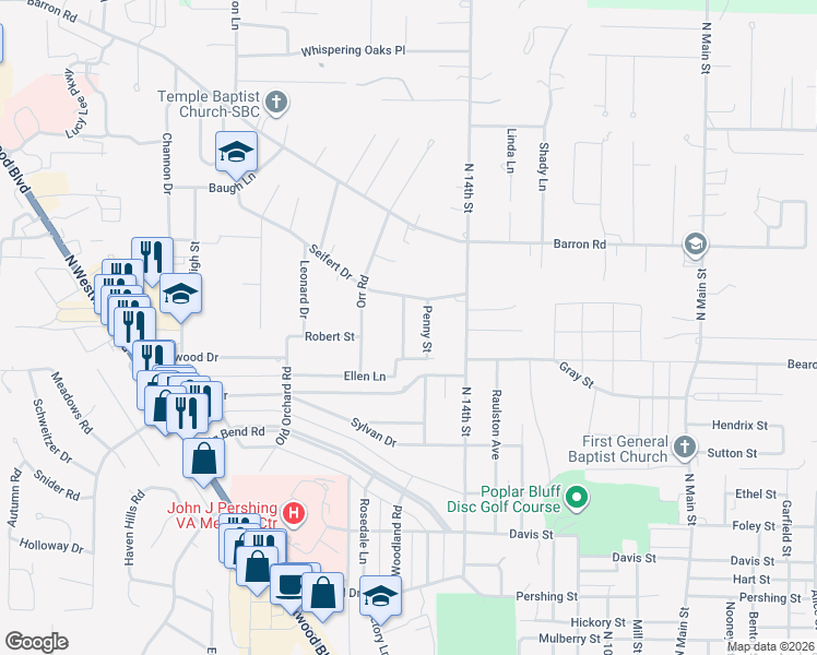 map of restaurants, bars, coffee shops, grocery stores, and more near 2212 Trousdale Street in Poplar Bluff