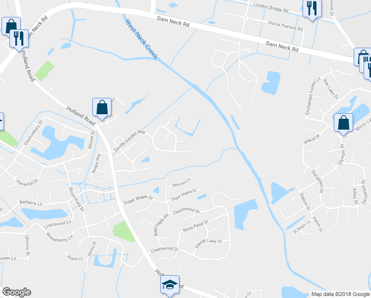 map of restaurants, bars, coffee shops, grocery stores, and more near 2832 Saville Garden Way in Virginia Beach