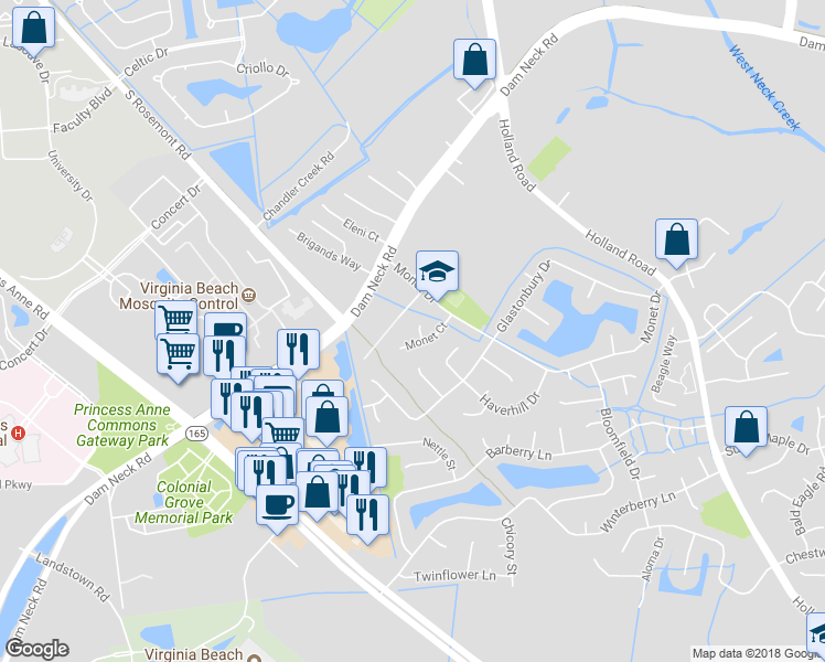 map of restaurants, bars, coffee shops, grocery stores, and more near 3205 Honaker Circle in Virginia Beach