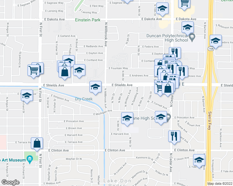 map of restaurants, bars, coffee shops, grocery stores, and more near 3112 North 7th Street in Fresno