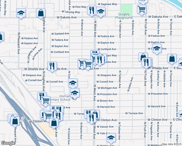 map of restaurants, bars, coffee shops, grocery stores, and more near 1325 West Shields Avenue in Fresno