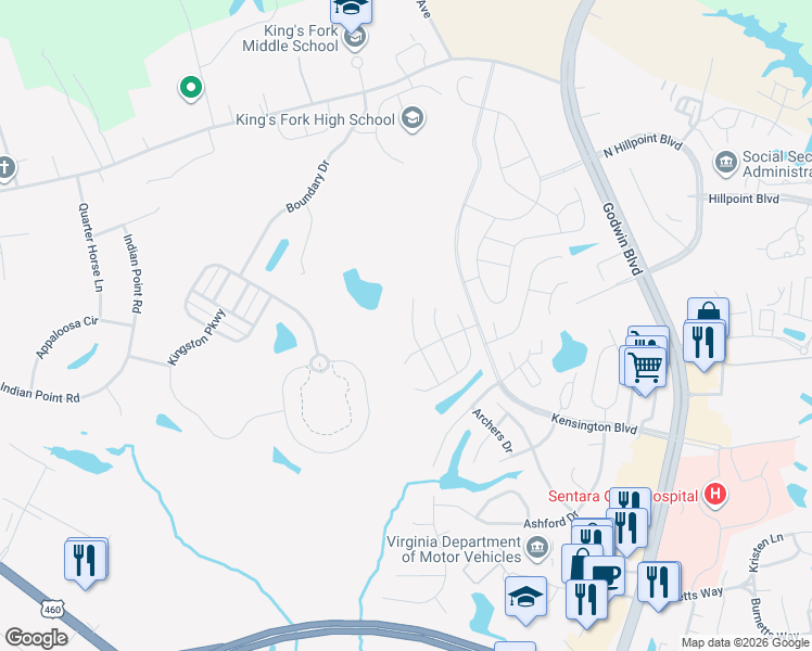 map of restaurants, bars, coffee shops, grocery stores, and more near 323 Stonehenge Drive in Suffolk