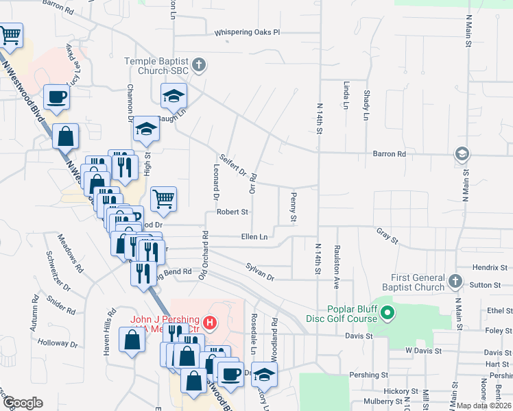 map of restaurants, bars, coffee shops, grocery stores, and more near 2206 Orr Road in Poplar Bluff