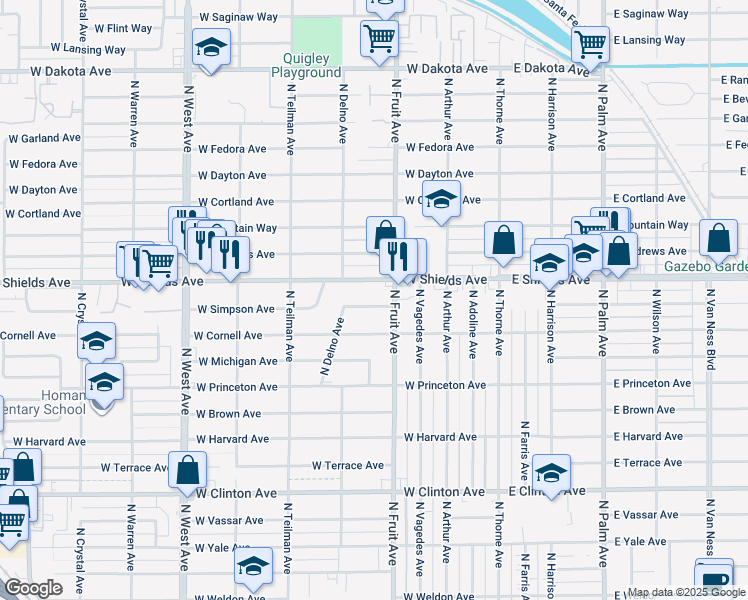 map of restaurants, bars, coffee shops, grocery stores, and more near 538 West Simpson Avenue in Fresno
