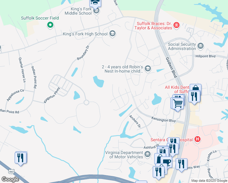 map of restaurants, bars, coffee shops, grocery stores, and more near 320 Stonehenge Drive in Suffolk