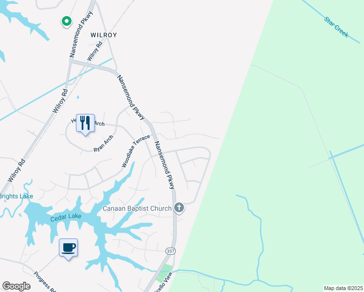 map of restaurants, bars, coffee shops, grocery stores, and more near 2458 Cherry Blossom Drive in Suffolk