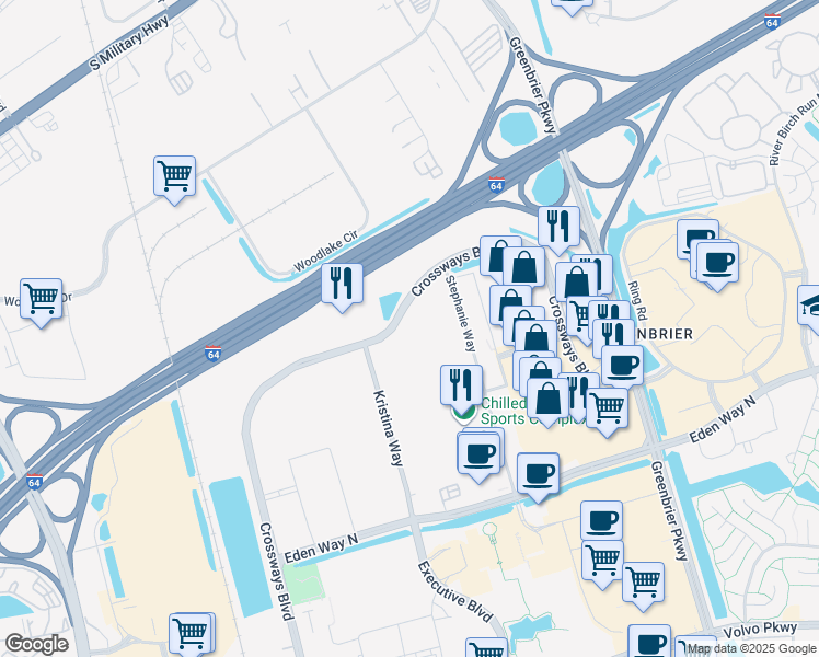 map of restaurants, bars, coffee shops, grocery stores, and more near 1501 Crossways Boulevard in Chesapeake