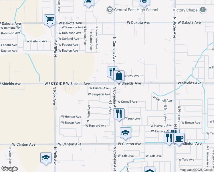 map of restaurants, bars, coffee shops, grocery stores, and more near 5068 W Hunter Ave in Fresno
