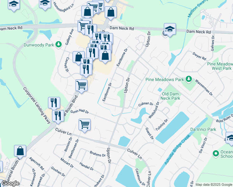 map of restaurants, bars, coffee shops, grocery stores, and more near 1228 Madras Court in Virginia Beach