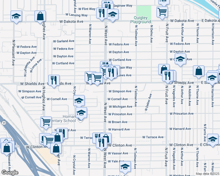 map of restaurants, bars, coffee shops, grocery stores, and more near 1225 West Shields Avenue in Fresno