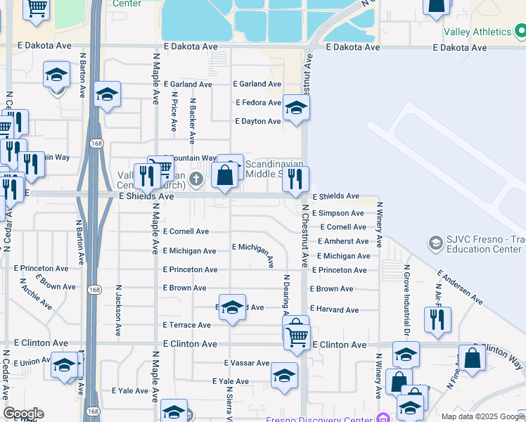map of restaurants, bars, coffee shops, grocery stores, and more near 4745 East Simpson Avenue in Fresno