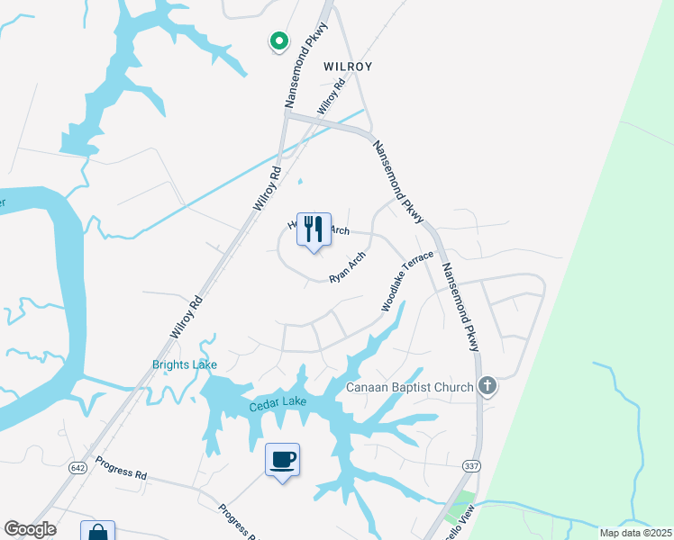 map of restaurants, bars, coffee shops, grocery stores, and more near 251 Holbrook Arch in Suffolk