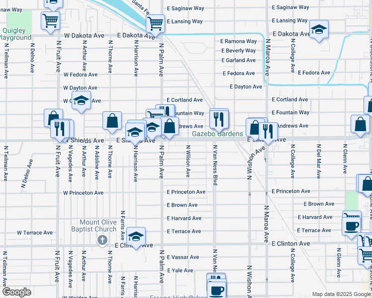 map of restaurants, bars, coffee shops, grocery stores, and more near 455 East Simpson Avenue in Fresno