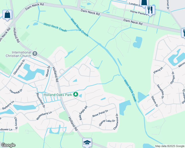 map of restaurants, bars, coffee shops, grocery stores, and more near 2824 Saville Garden Way in Virginia Beach