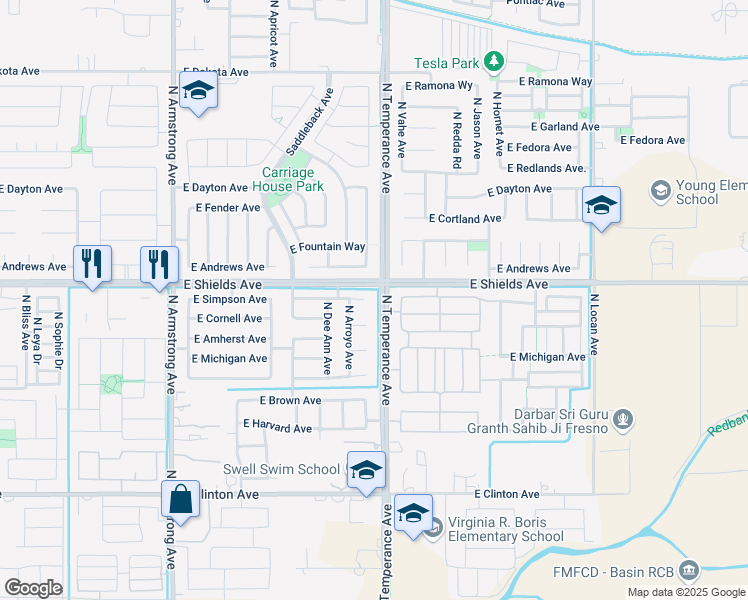 map of restaurants, bars, coffee shops, grocery stores, and more near 6994 East Simpson Avenue in Fresno