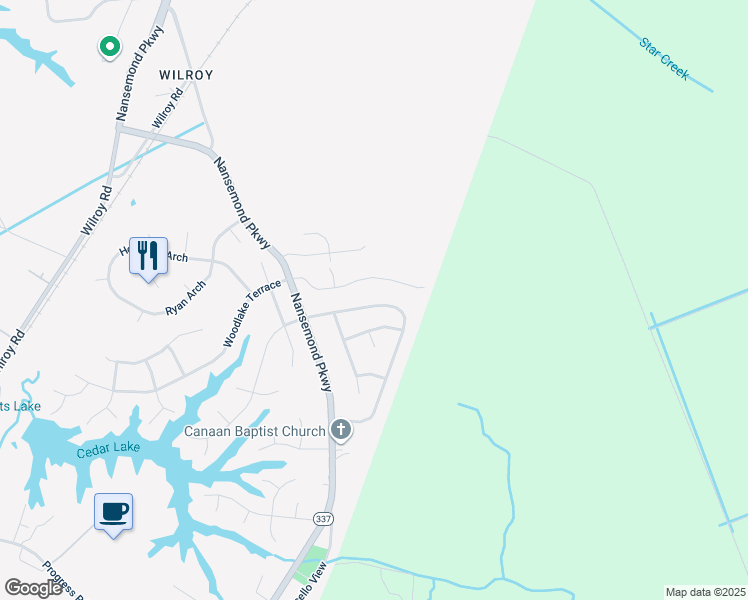 map of restaurants, bars, coffee shops, grocery stores, and more near 2450 Cherry Blossom Drive in Suffolk