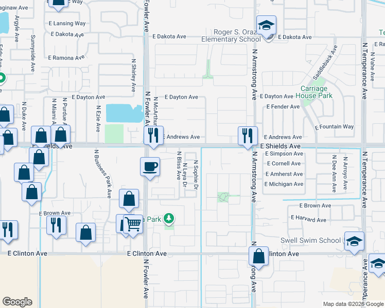 map of restaurants, bars, coffee shops, grocery stores, and more near 2959 North Leya Drive in Fresno