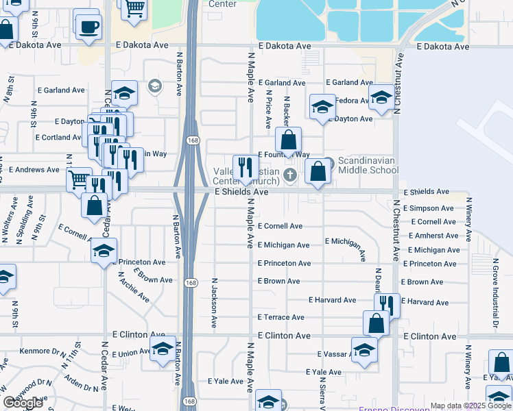map of restaurants, bars, coffee shops, grocery stores, and more near 3110 North Maple Avenue in Fresno